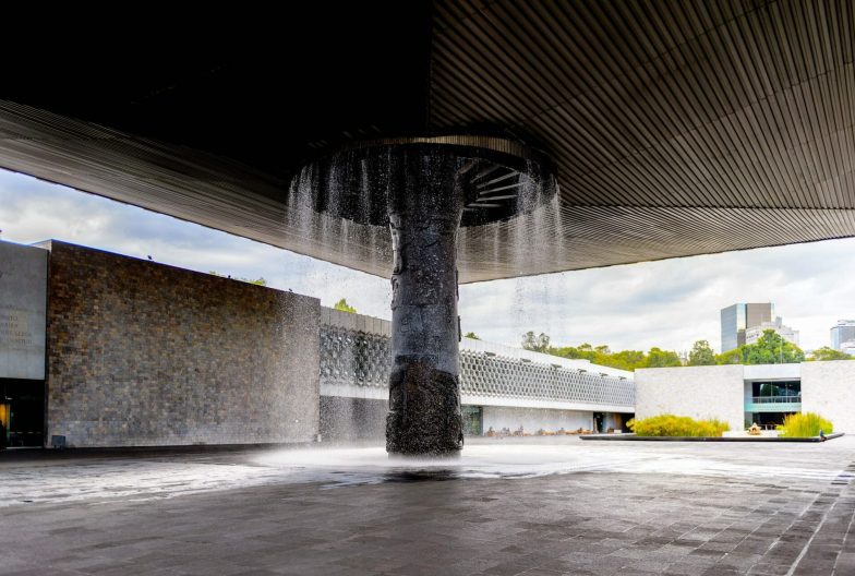 MEXICO CITY, MEX - OCT 27, 2016: Waterfall of the National Museum of Anthropology (Museo Nacional de Antropologia, MNA), the largest and most visited museum in Mexico