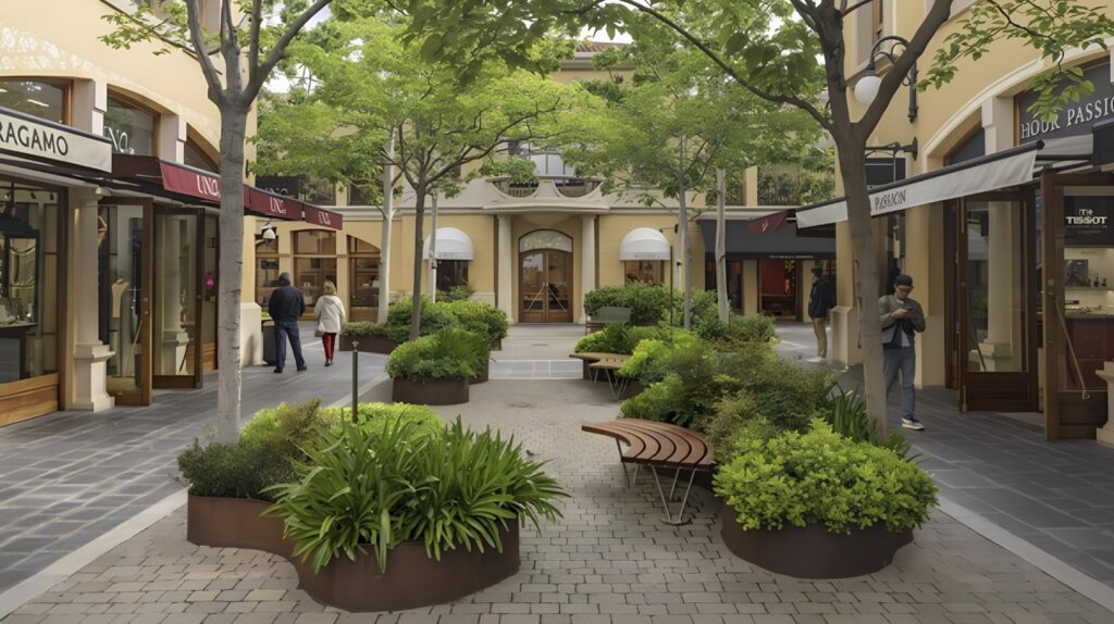 Pedestrian shopping courtyard with storefronts, trees, and planters; a bench and people walking along the path.