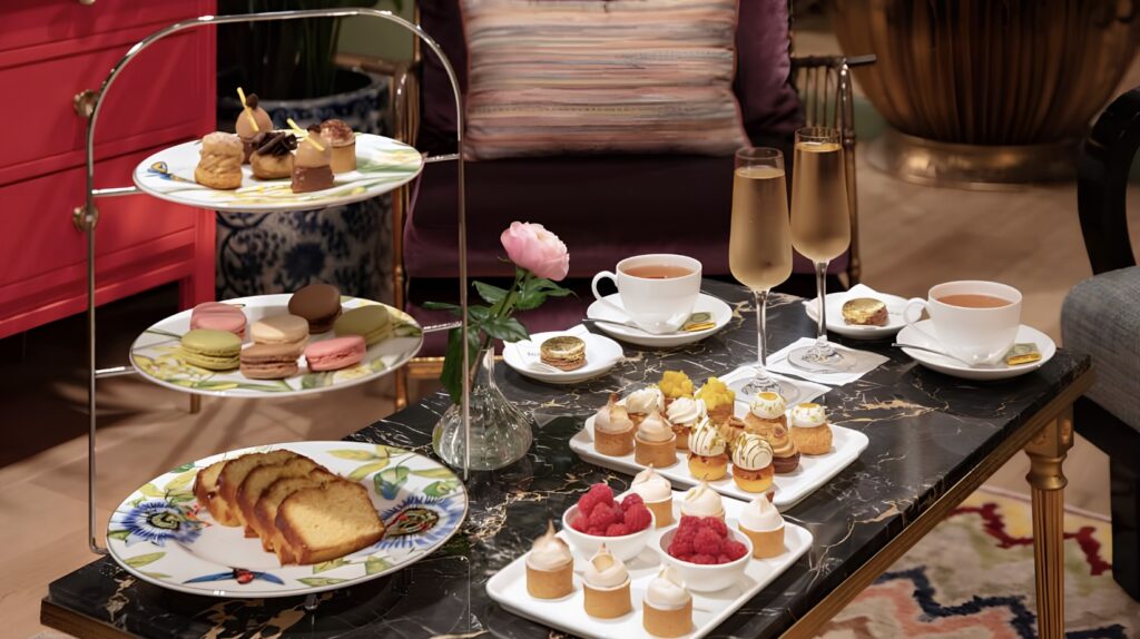Elegant tea setup on a marble table with macarons, pastries, and champagne flutes.