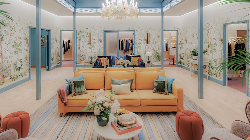 Open boutique lounge with an orange sofa, floral wallpaper, chandelier, and clothing racks in the back.