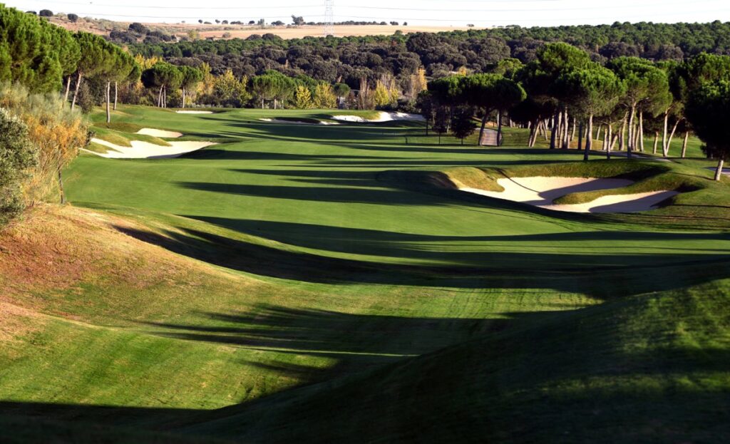 Golf course green with sand bunkers and rolling fairways surrounded by trees in a sunny landscape.