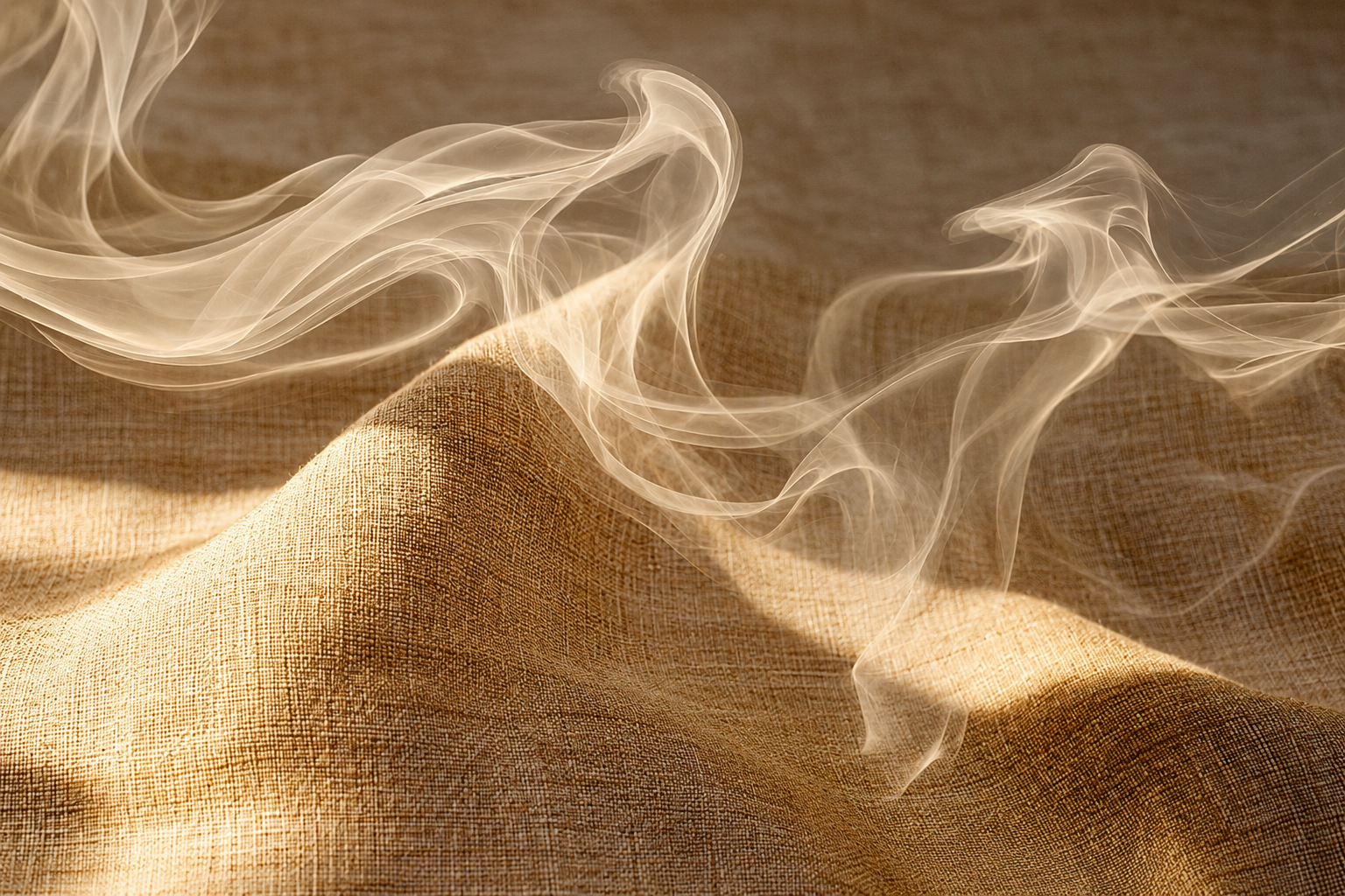 Beige linen fabric with soft, curling wisps of smoke drifting over its folds