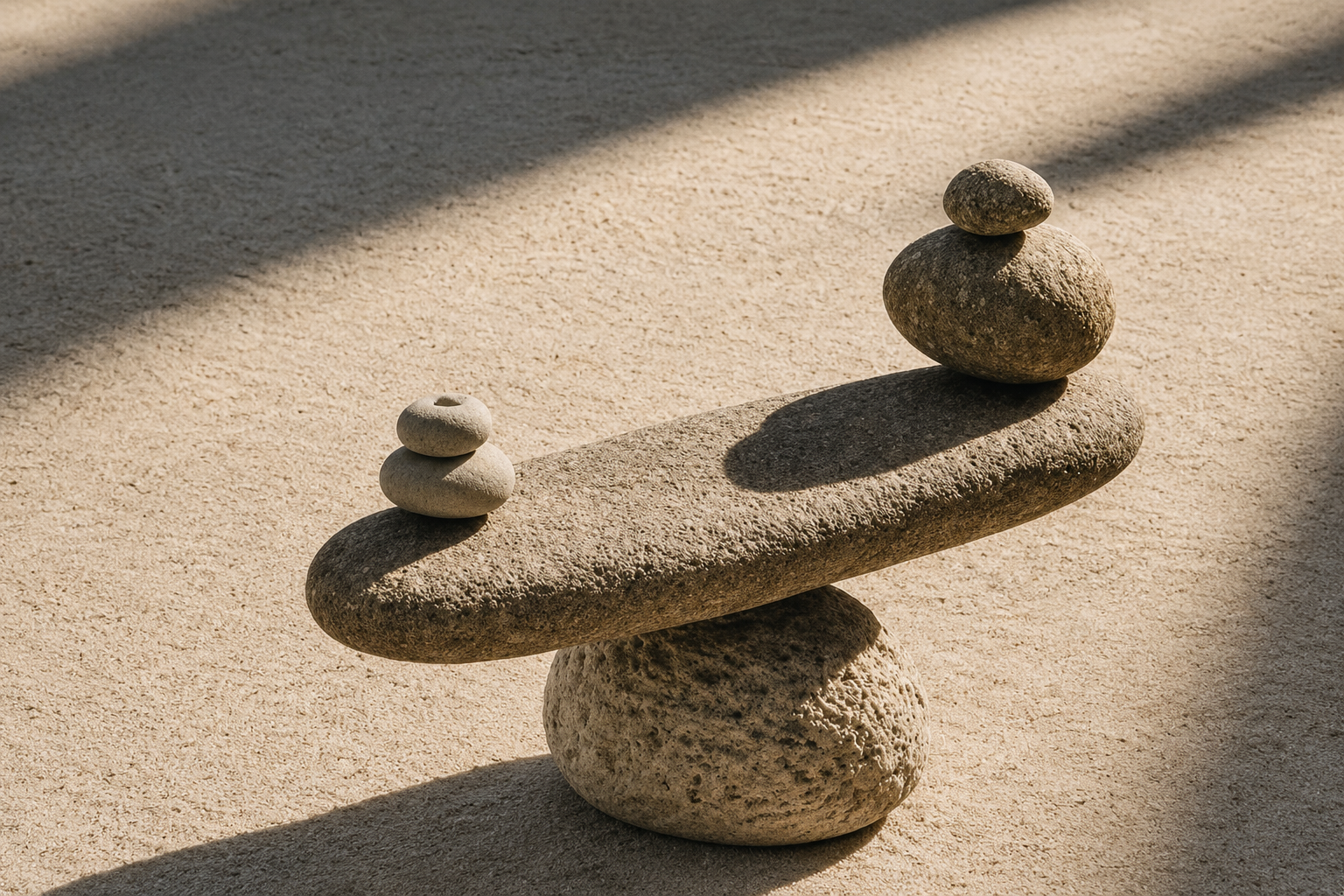 Stacked stones on a flat rock balanced over a larger stone on sandy ground, with shadows overhead.