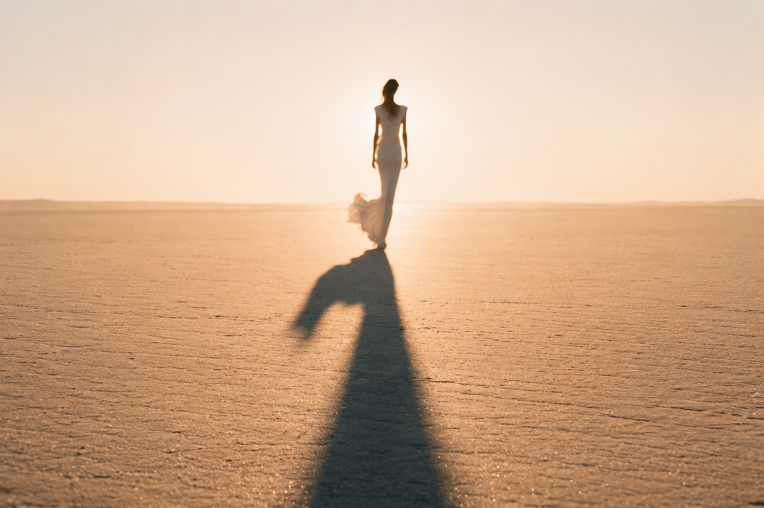 Silhouette of a woman in a flowing dress walking on a sunlit desert at sunset, casting a long shadow behind her.