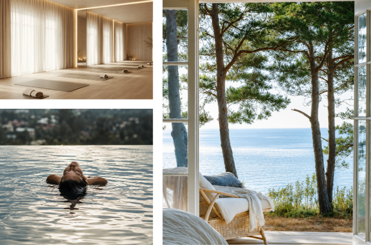 Bright yoga studio with mats and rolled towels along a wooden floor, sheer curtains, and soft lighting; a tranquil spa setting.