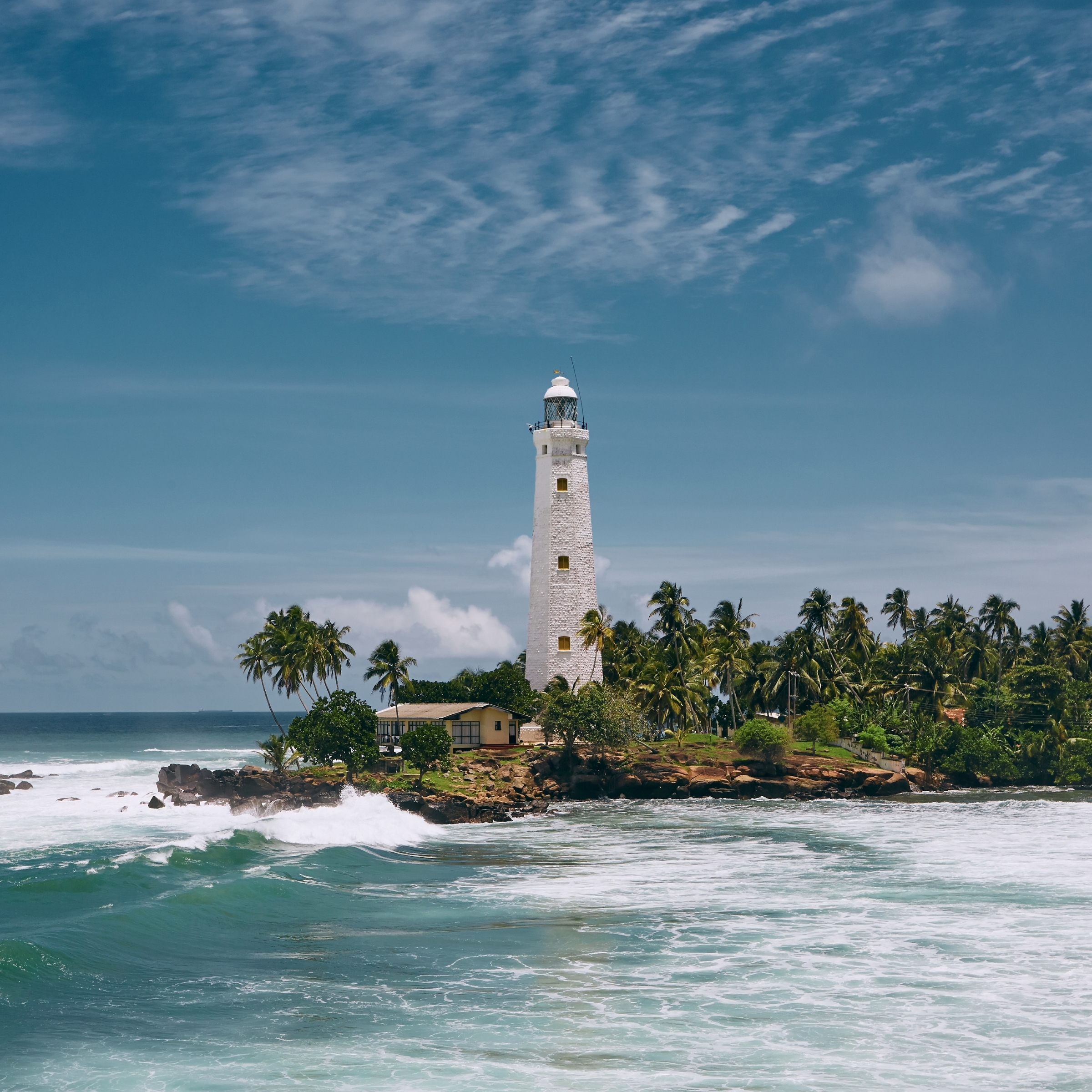 Tall white lighthouse by the rocky shore with palm trees and blue sea under a clear sky.