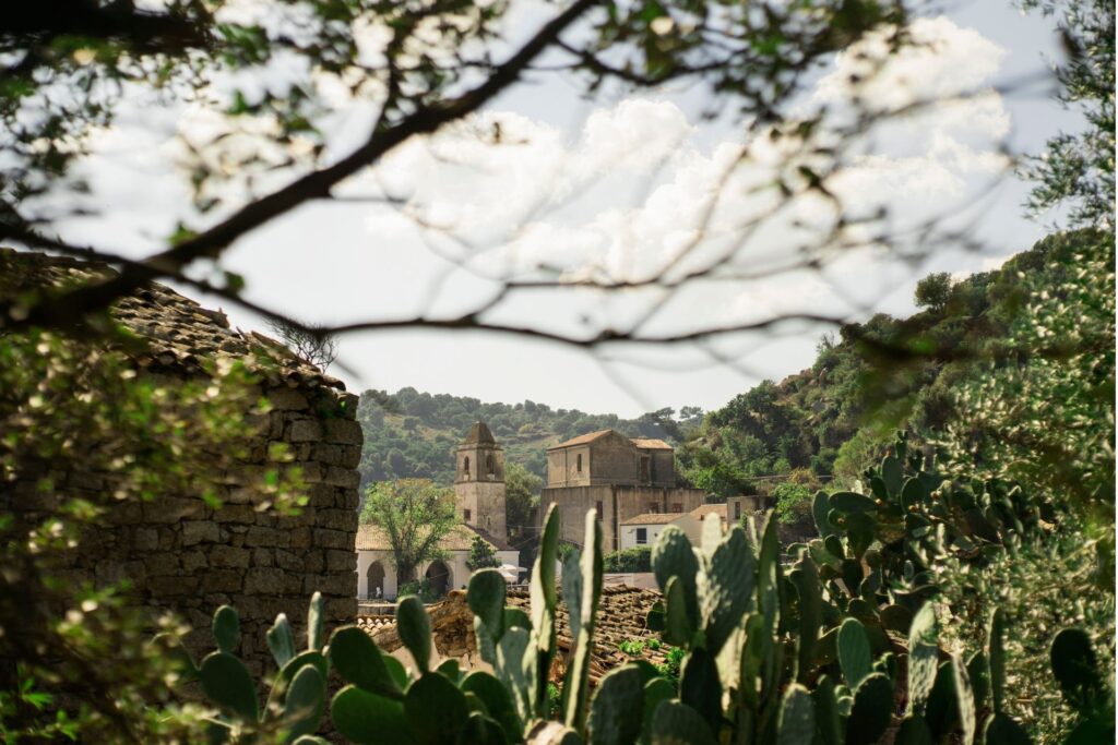 Stone hillside village with a church tower, seen through foreground branches and cactus plants.