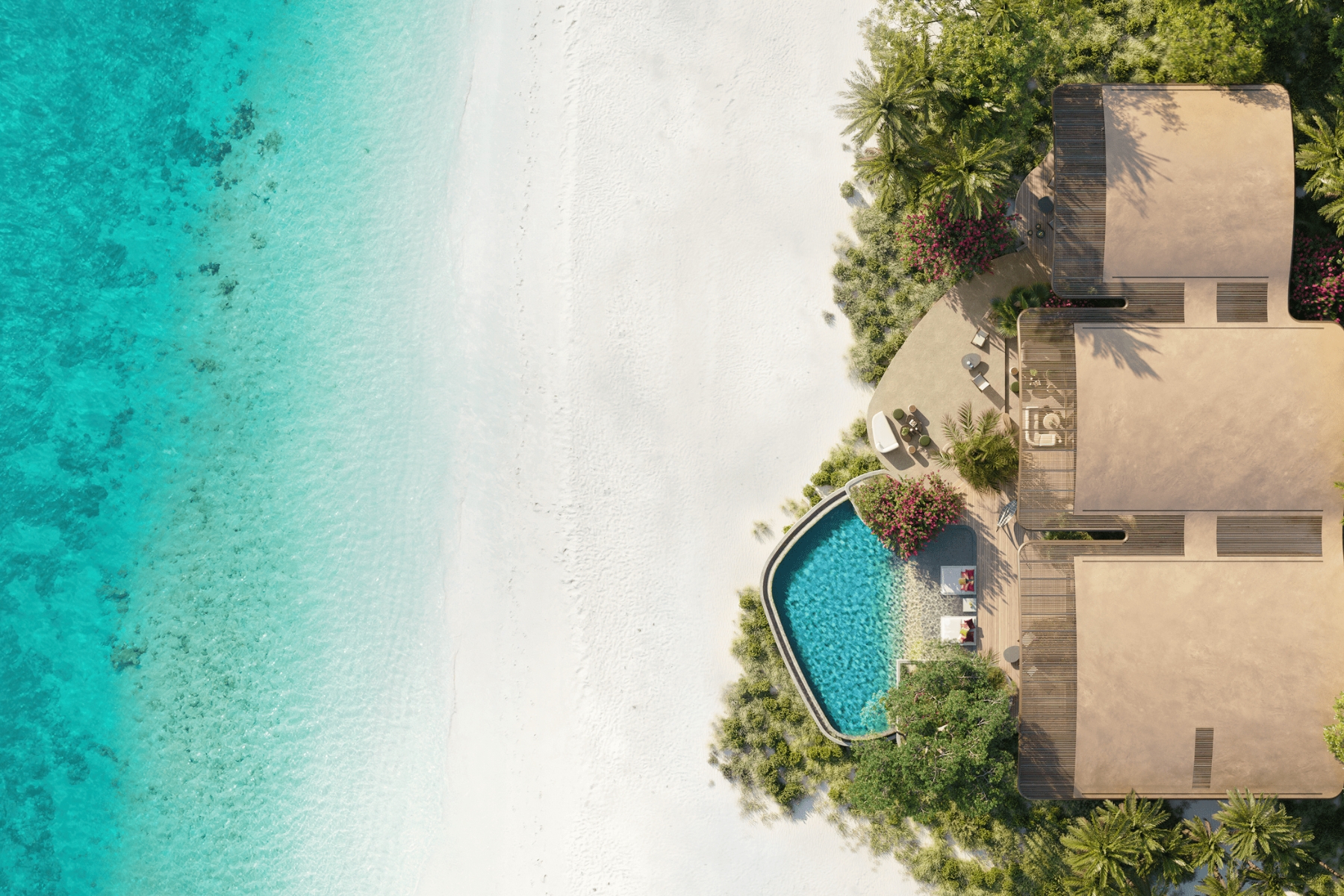 Aerial view of a tropical resort: turquoise ocean on the left, white sandy beach in the middle, and a wooden deck with palm trees on the right.