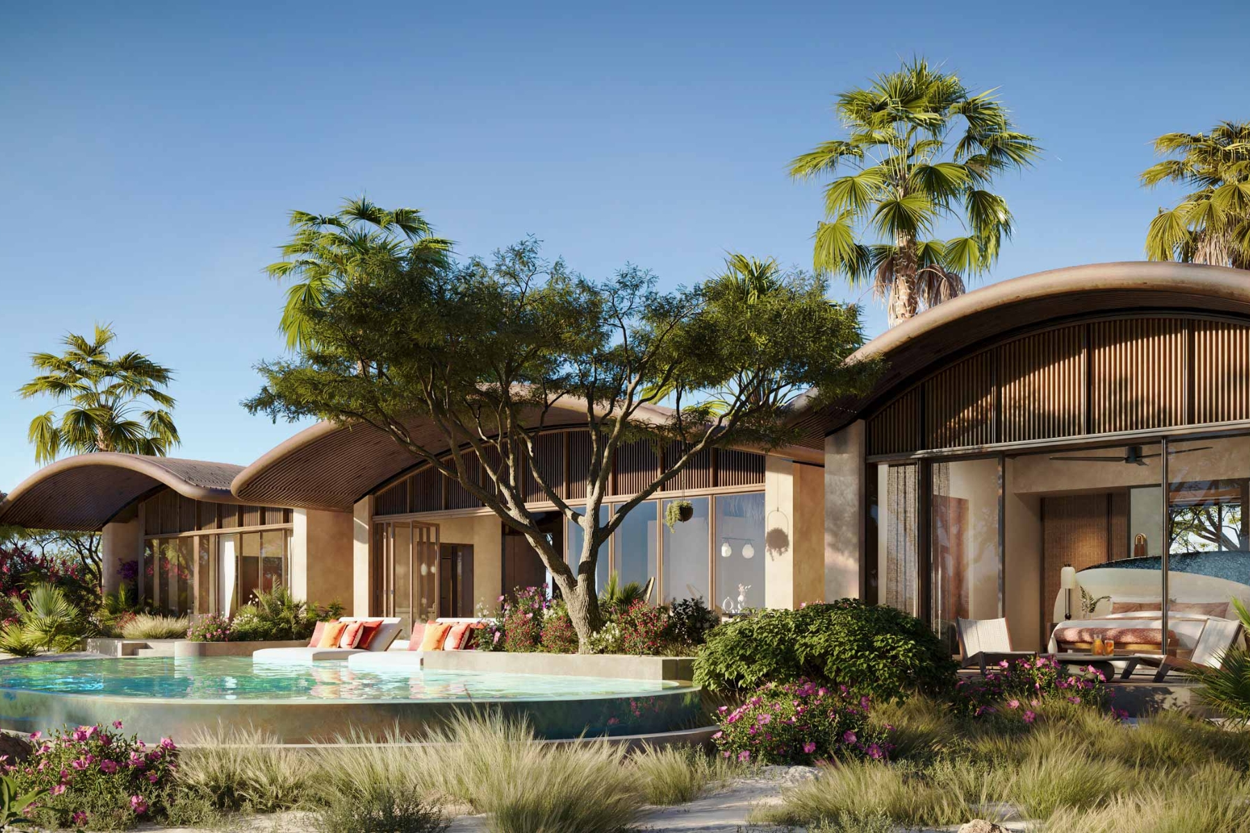 Modern villa with a curved wooden roof, glass walls, and a pool surrounded by tropical landscaping and palm trees.