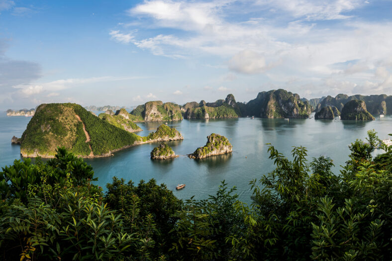 Calm blue bay with numerous green, rocky islands rising from the water under a bright sky; foreground frames with lush green foliage.