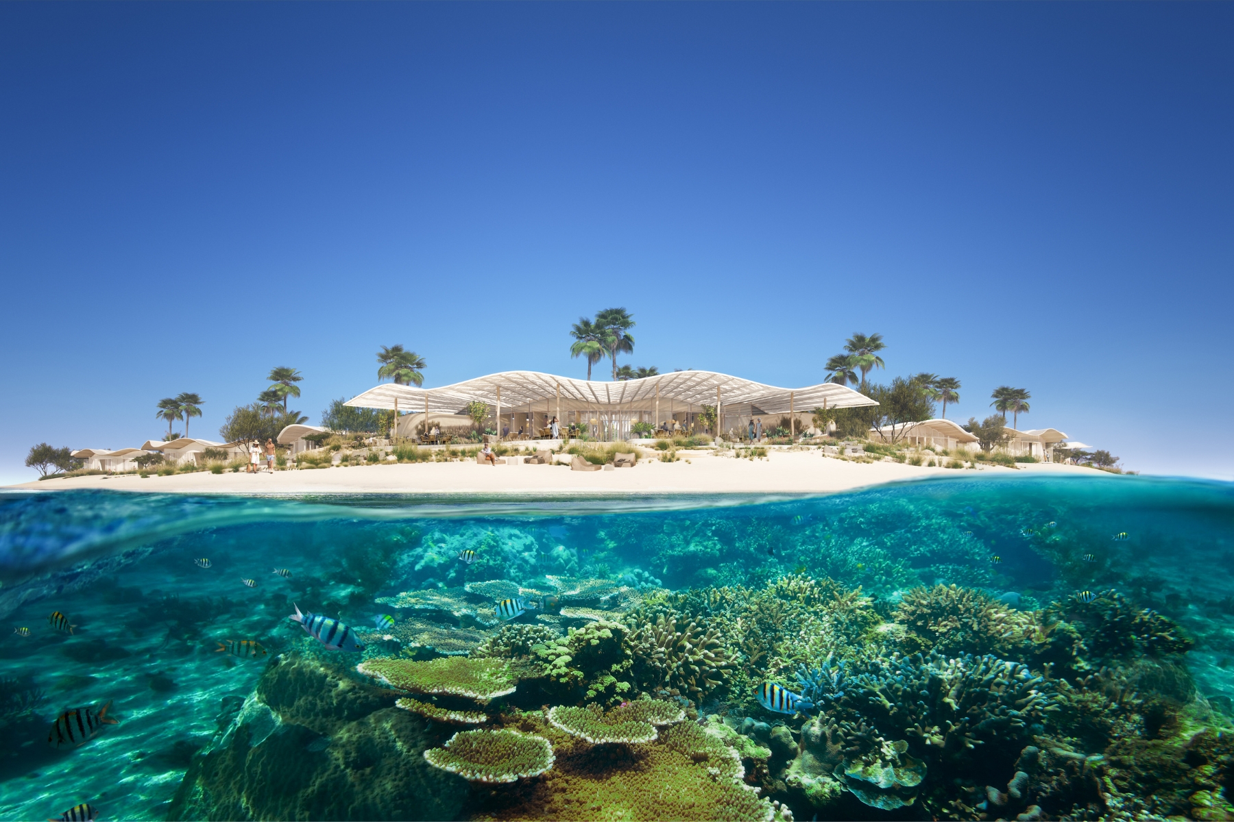 Shoreline with a curved white canopy pavilion and palm trees; clear blue water shows a vibrant coral reef below.