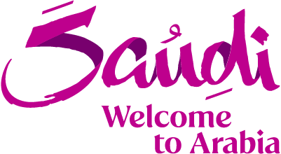 Logo with bright magenta script reading 'Saudi Welcome to Arabia'.
