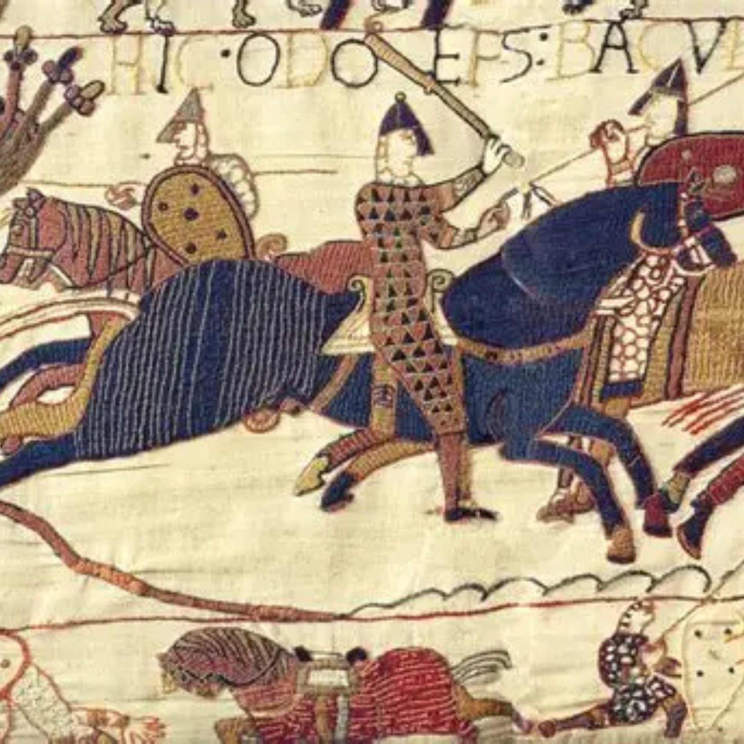 Detail from a medieval manuscript showing armored knights on horseback in a battle scene with decorative animals and banners.